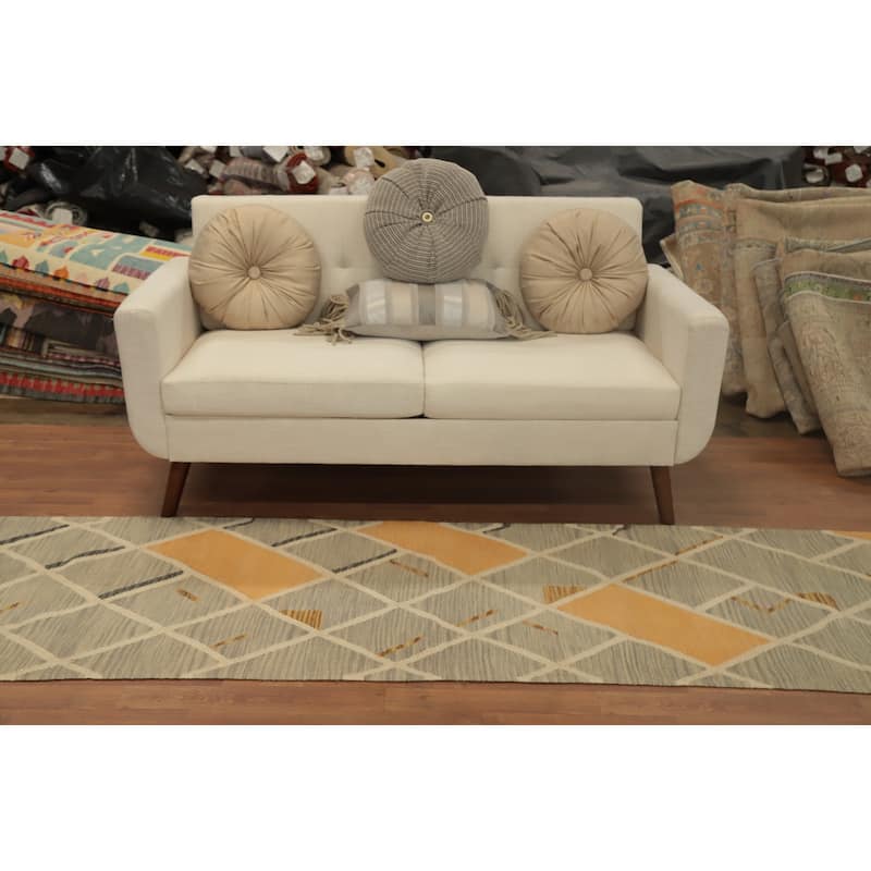 Hand Woven Oriental 100% Wool Carpet Southwestern Modern Greys & Charcoal Kilim Runner Rug - 11' 9'' X 2' 8''