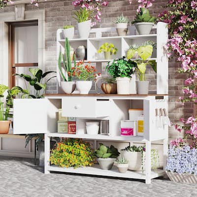 Fir Wood Garden Work Table - Potting Bench with Hutch, Drawer & Adjustable Shelves