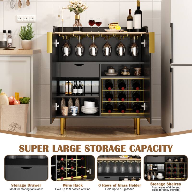 31.5" Fluted Bar Cabinet with Wine Rack & Glass Holder - Modern Black and Gold Coffee Bar, Kitchen Buffet with Storage Drawer