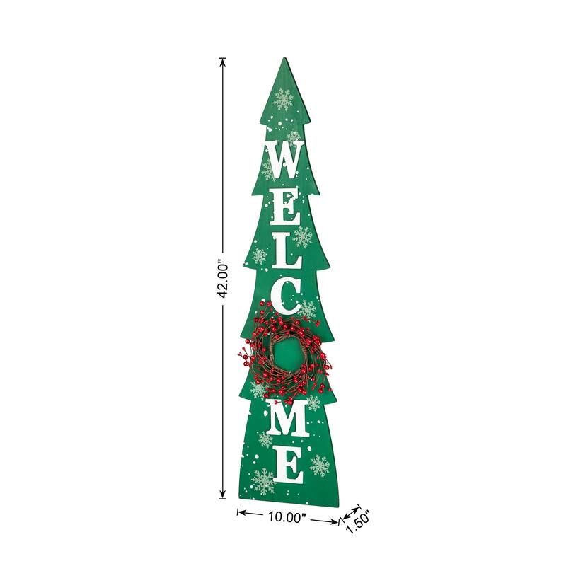 Glitzhome 42"H Christmas Wooden "WELCOME" Porch Sign with Wreath - Green - 42"