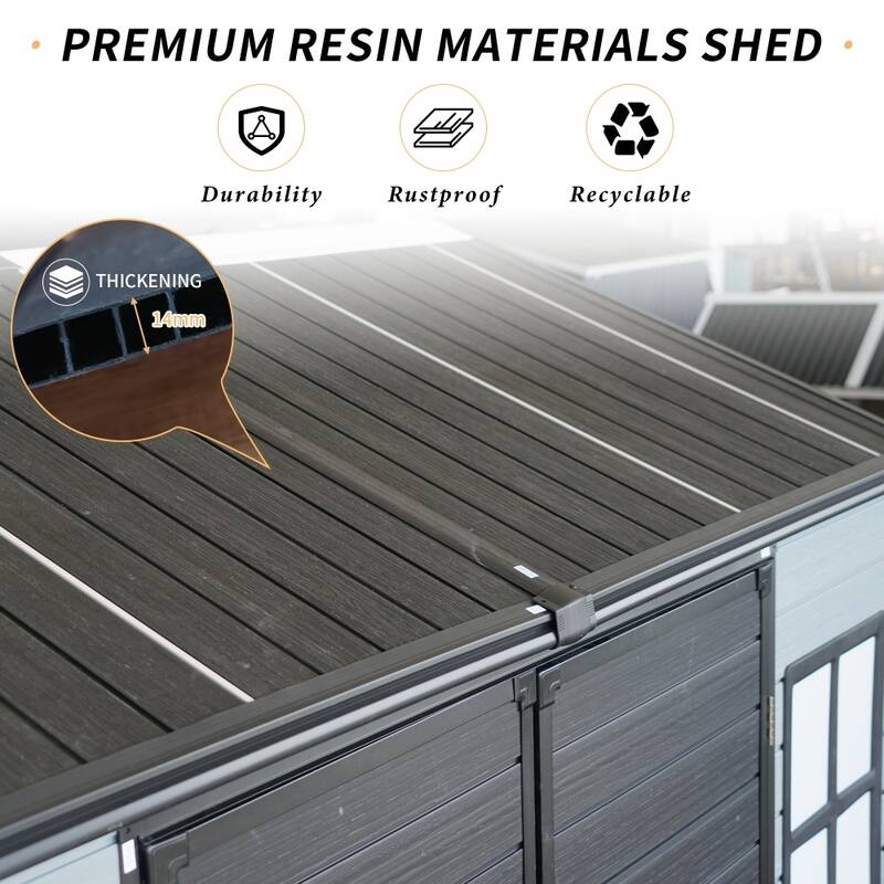 Patio Durable Steel Frame Resin Garden Shed with Floor and Lockable Door, 2 Windows