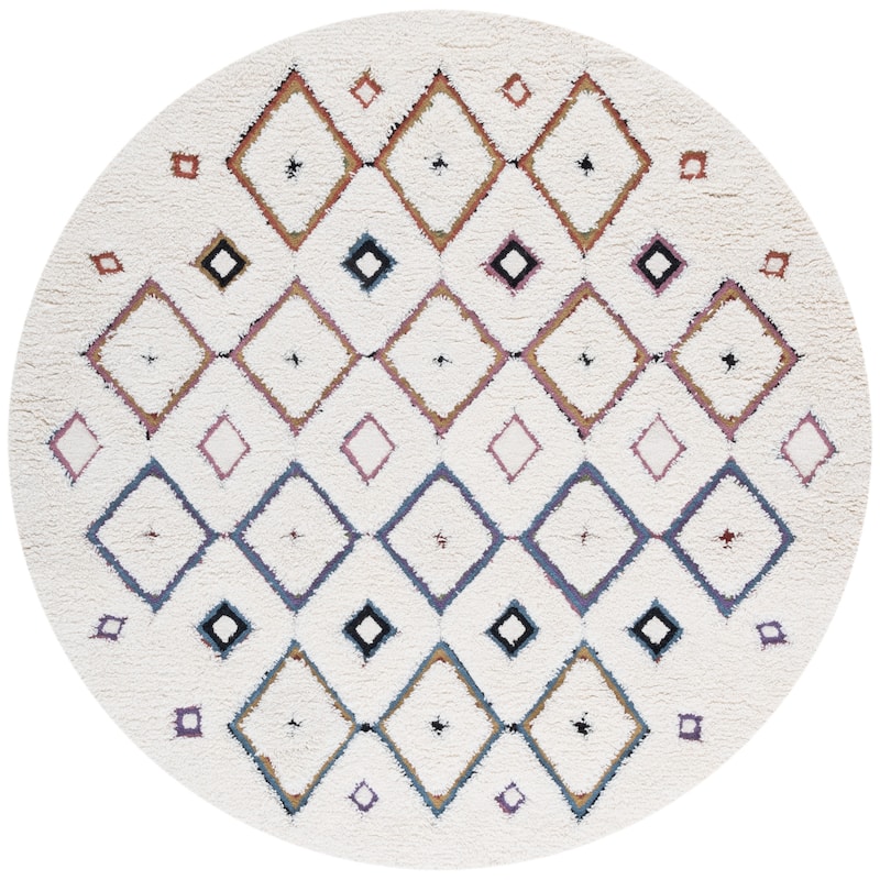SAFAVIEH Handmade Casablanca Sumeyye Shag Boho Wool 1-inch Rug - 6' Round - Ivory/Blue