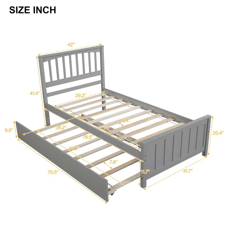 Twin Size Platform Bed with Trundle Bed, Headboard and Footboard & Wooden Slat Support