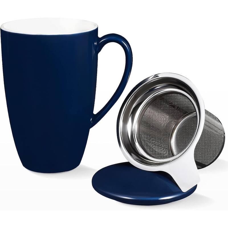 Porcelain Tea Mug with Infuser and Lid, 16 ounces - Navy