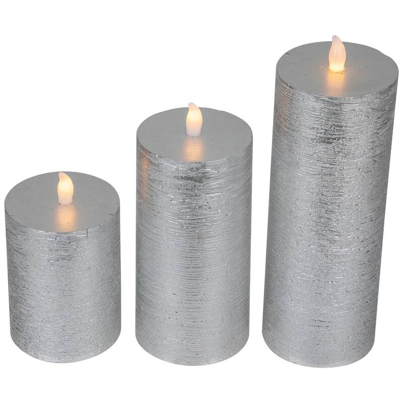Flameless Flickering LED Wax Pillar Candles - 8" - Brushed Silver - Set of 3