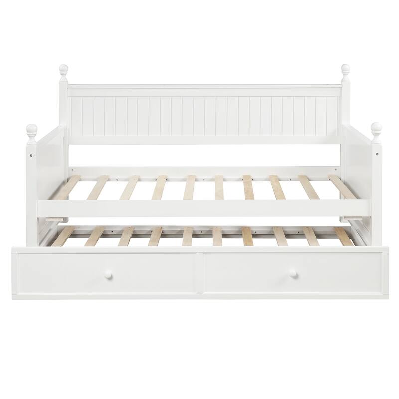 Twin Size White Wood Daybed with Trundle, Space-Saving Dual-Use Bed Frame