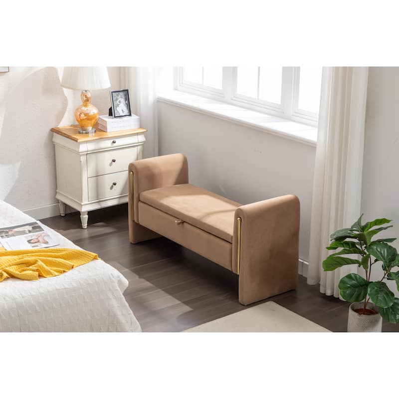 Velvet Fabric Storage Bench Bedroom Bench With Gold Metal Trim Strip For Living Room Bedroom