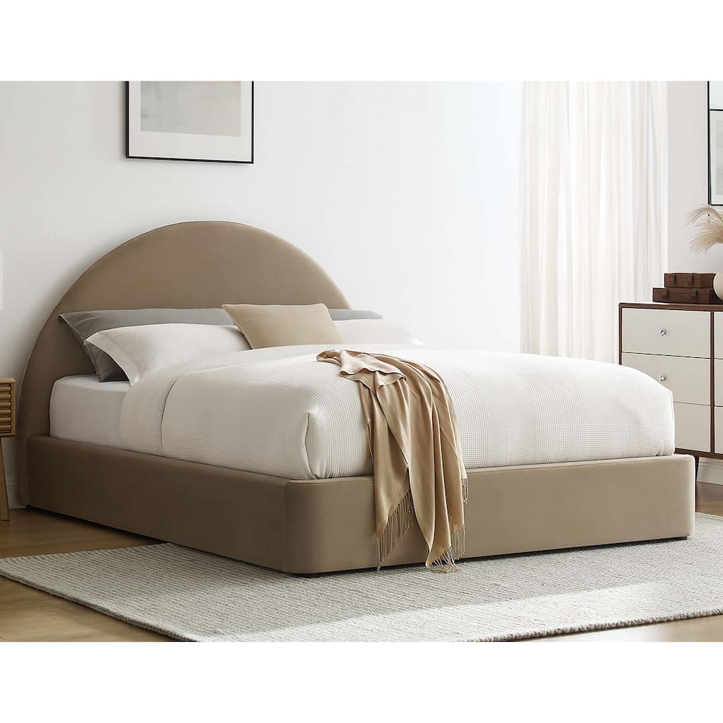 Palmetto Modern Round Headboard Taupe Velvet Upholstered Queen Size Platform Bed