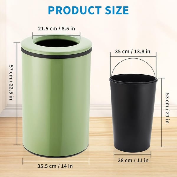 dimension image slide 1 of 3, 10.6 Gal/40L Open Top Round Trash Can, Stainless Steel with Inner Bucket for Office, Kitchen, Bathroom, Green