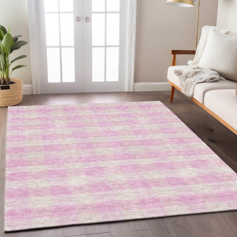 Machine Washable Indoor/ Outdoor Chantille Plaid Stripe Rug