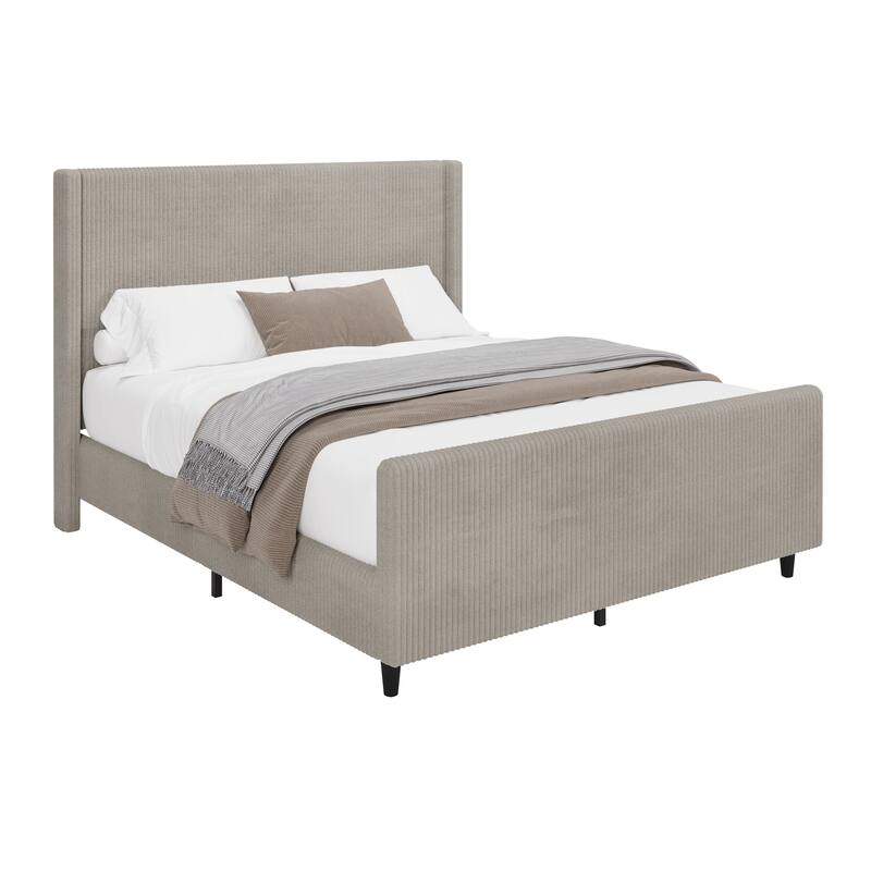 Vertical Stripe Wingback Bed Corduroy Fabric Frame Platform Bed