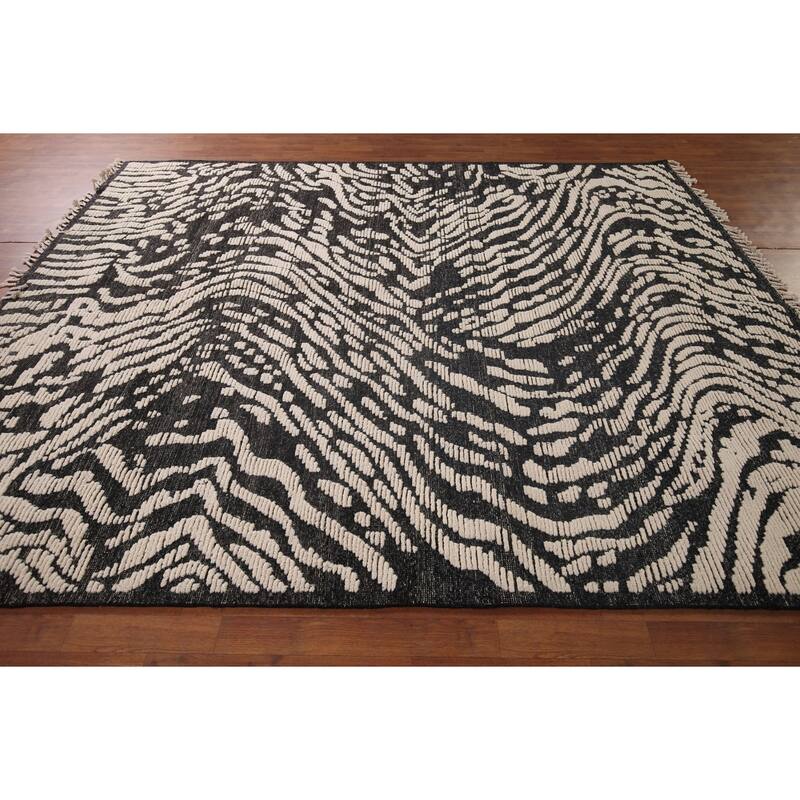 All-Over Black & Ivory Moroccan Abstract Area Rug Handmade Wool Carpet - 8'0"x 10'2"