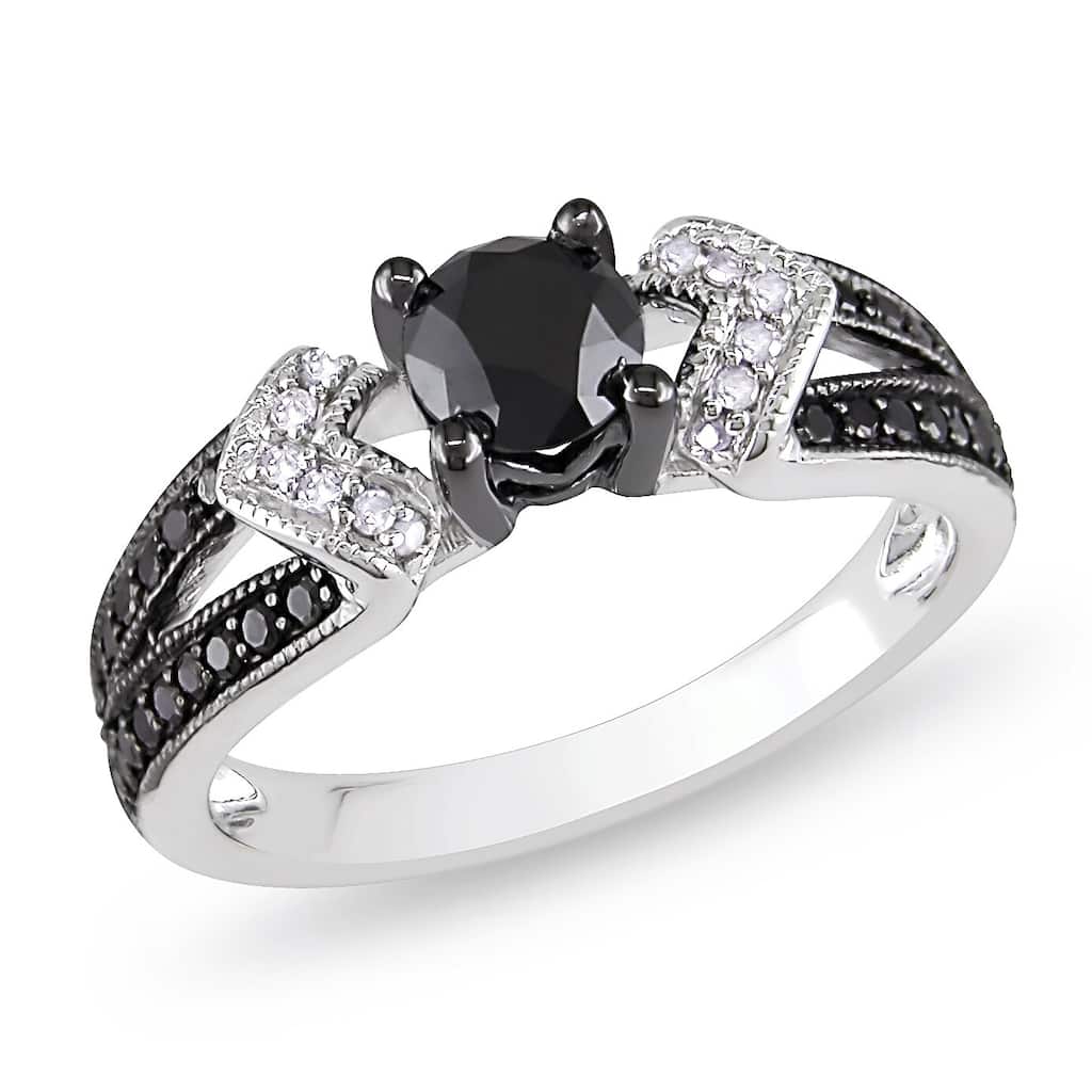 Miadora Sterling Silver with Black Rhodium 1ct TDW Black and White Diamond Split Shank Engagement Ring (G-H, I2-I3)