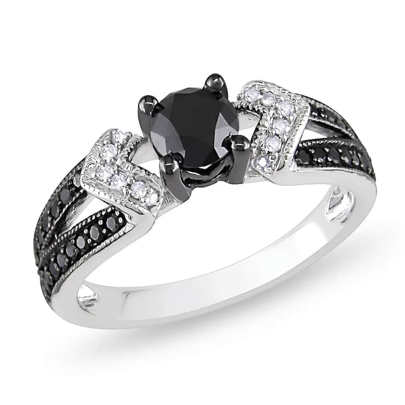 Miadora Sterling Silver with Black Rhodium 1ct TDW Black and White Diamond Split Shank Engagement Ring (G-H, I2-I3)