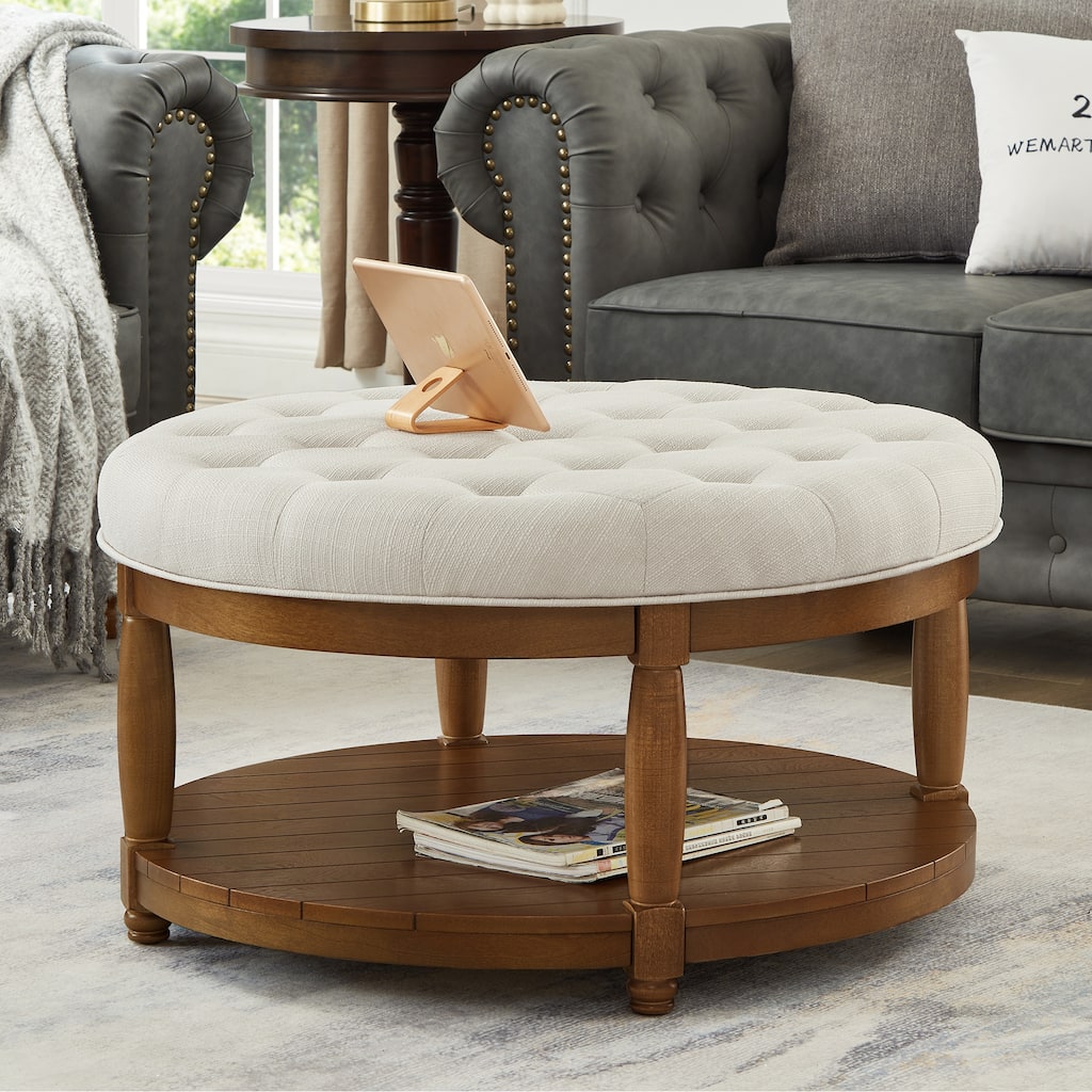 Large Round Tufted Linen Ottoman Coffee Table with Wood Shelf Storage - Ivory White