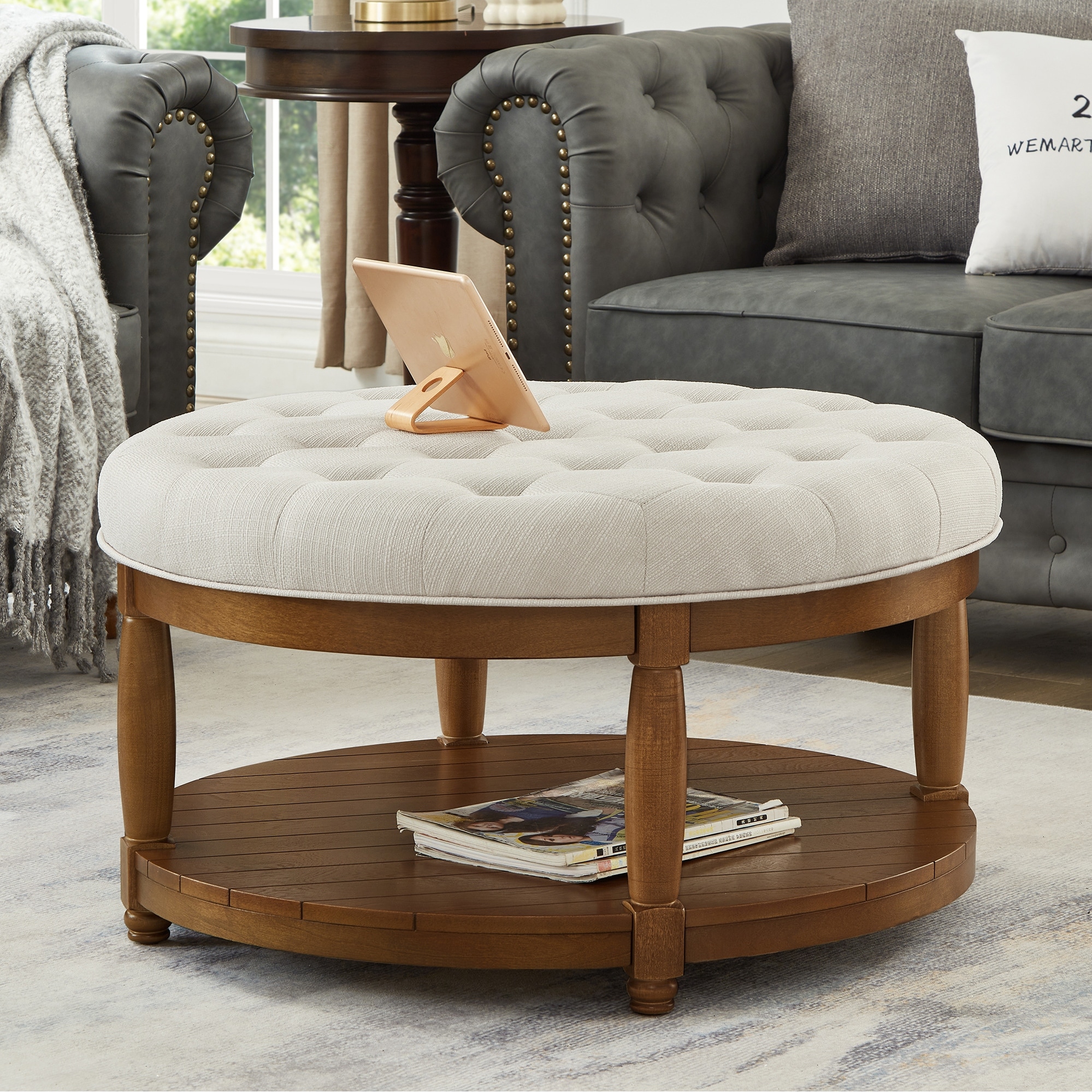Large Round Upholstered Tufted Linen Ottoman Coffee Table, Large Footrest Ottoman with Wood Shelf Storage