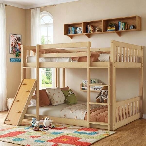 slide 2 of 18, Twin Over Twin Floor Bunk Bed, Fun Design of Climbing Ramp Natural