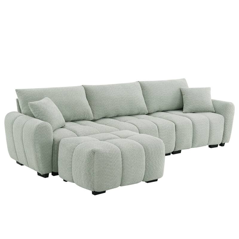 L-Shaped Sectional Sofa with Movable Ottoman, Boucle Fabric Couch with 2 Throw Pillows, Modular Upholstered 4 Seat Sofa