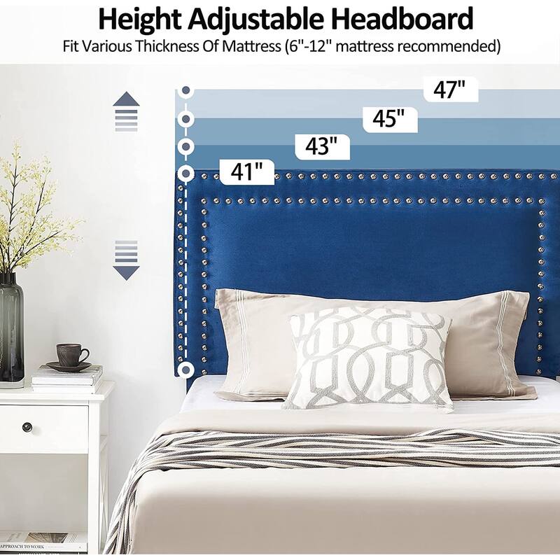 Upholstered Platform Bed Frame with Adjustable Headboard, Velvet Nailhead Trim, No Box Spring Needed