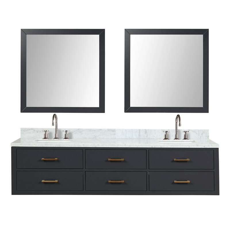 Lexora Castor Double Bath Vanity, Carrara Marble Top, Faucet Set, and Mirrors - 80 Inch - Black