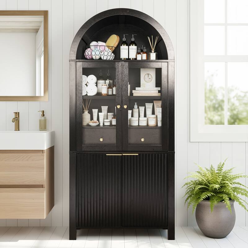 Fluted Arched Pantry Cabinet, Display Cabinet with Hidden Drawer & Glass Door, Storage Cabinet with Adjustable Shelves - Black