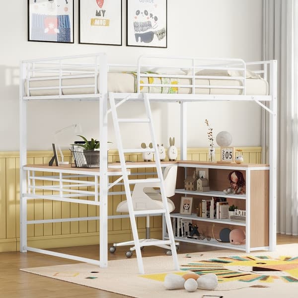slide 2 of 13, Full Size Metal Loft Bed with Integrated L-Shaped Desk and Triple Shelving, Sturdy Frame with Ladder, Space-Saving Design White