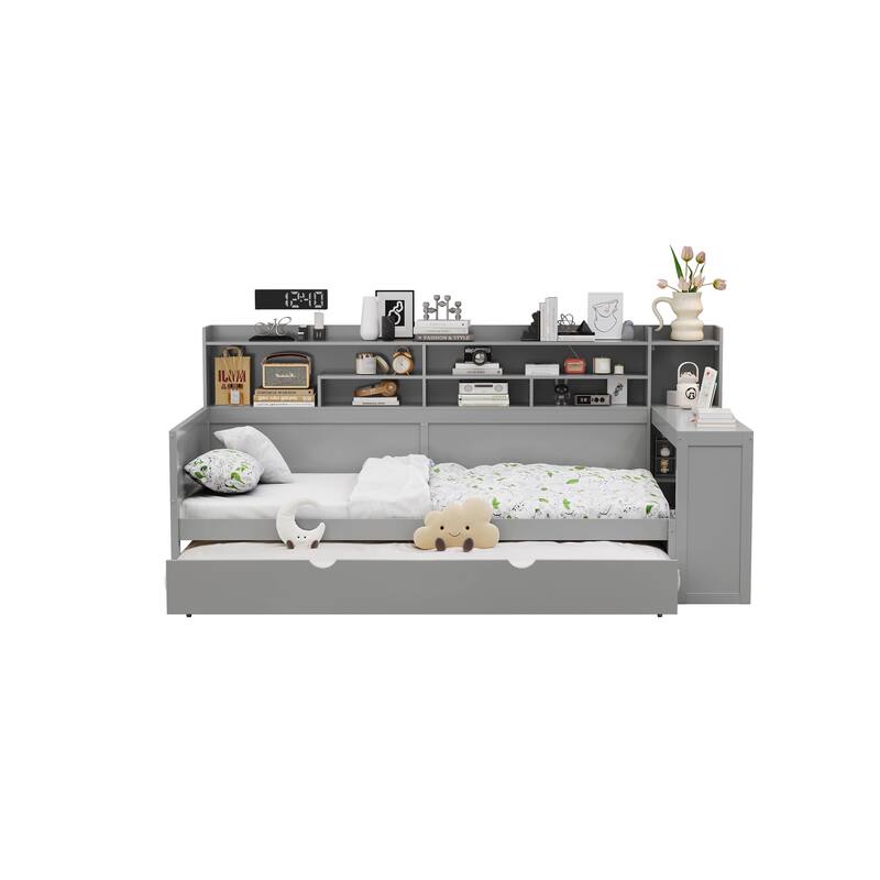 Wooden Daybed with Storage Shelves, Multi-functional Bed with Twin Size Trundle Bed and Study Desk