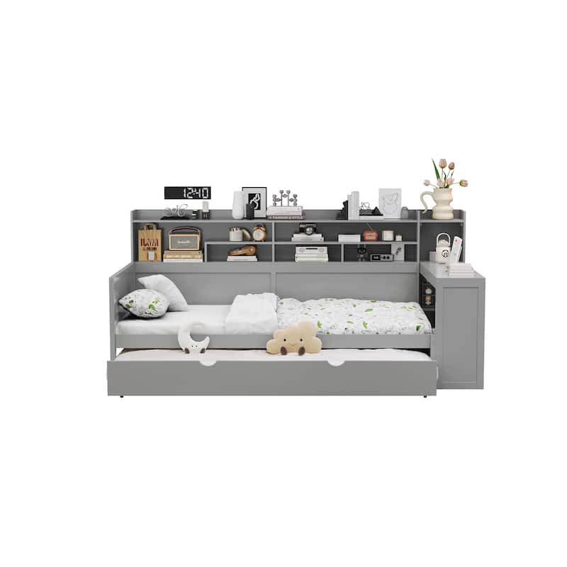 Wooden Twin Size Daybed with Storage Shelves, Multi-functional Bed with Twin Size Trundle Bed and Study Desk