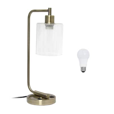 Simple Designs 18.8" Iron Lantern Desk Table Lamp with USB Port, Antique Brass, With LED Bulb