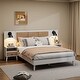 preview thumbnail 3 of 8, Queen Size Solid Wood Bed Frame with 2 Nightstands, Platform Bed with Lamps, Rattan and Wood Combination, White