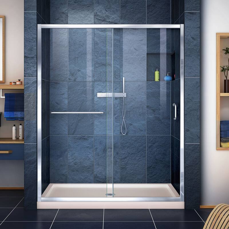 DreamLine Infinity-Z 36 in. D x 60 in. W x 74 3/4 in. H Sliding Shower Door and Shower Base Kit - 36" x 60" - 36" x 60" - Chrome, Biscuit Base, Center Drain