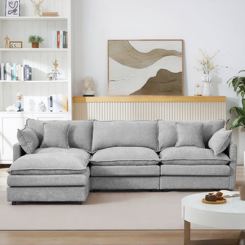 Chenille Chaise Sectional Sofa with Ottoman and 3-layers Cushions - Grey