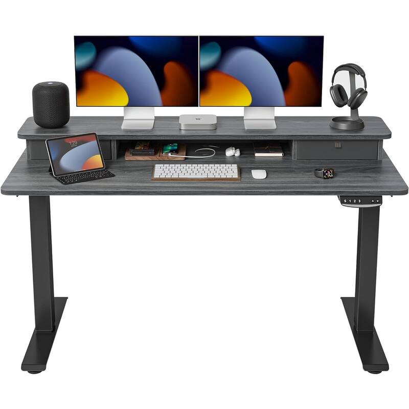 FEZIBO Height Adjustable Electric Standing Desk with Double Drawer, Stand Up Desk with Storage Shelf, Sit Stand Desk