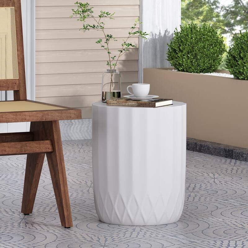 Roomfitters Outdoor Lightweight Concrete End Table, Round Accent Side Table with Textured Design, Antique White