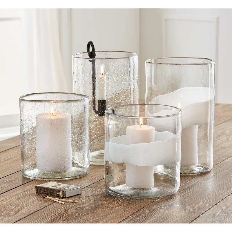 Headlands Hurricane Vase Clear Glass with White Wave Pillar Candle Holder Small Size, 8.0L x 8.0W x 8.6H inches