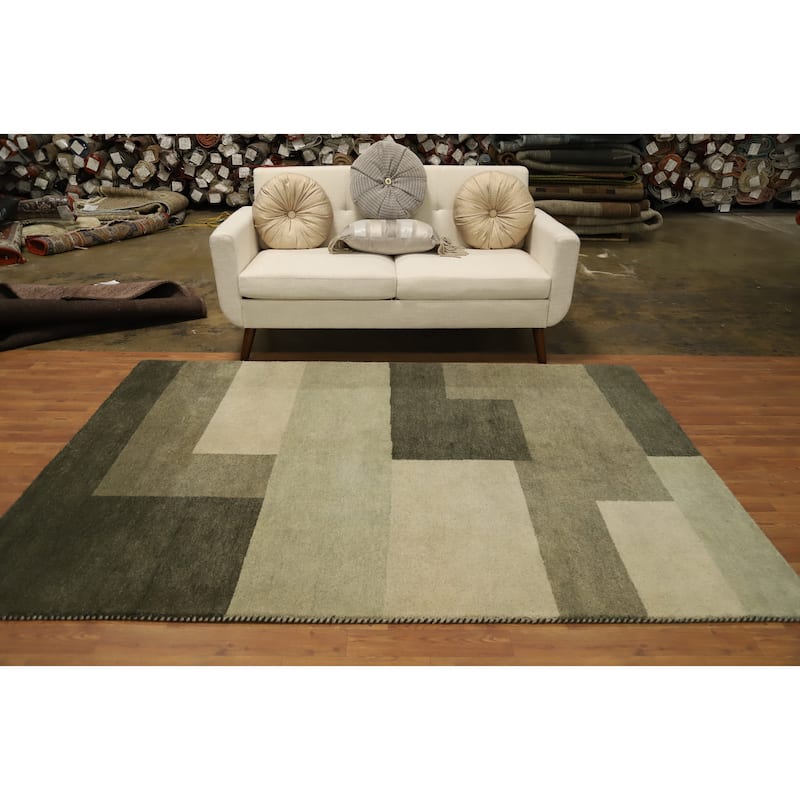Hand Knotted Oriental 100% Wool Carpet Modern Geometric Green Gabbeh Area Rug - 7' 8'' X 5' 5''
