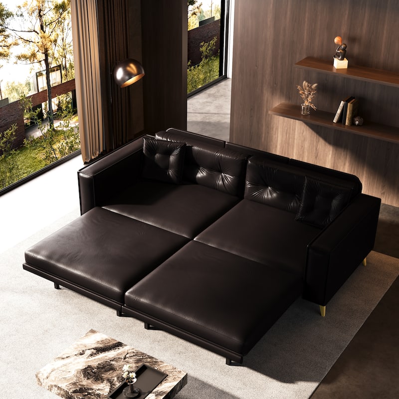 Oversized 3-in-1 Convertible Sofa Bed, 92.1" Faux Leather Square Arms Loveseat, Modern Pull-Out Sleeper Couch with Pillows
