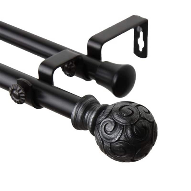 Double Curtain Rod Set - Decorative Window Rod with Finials, Adjustable Length, Black Home Decor - 48