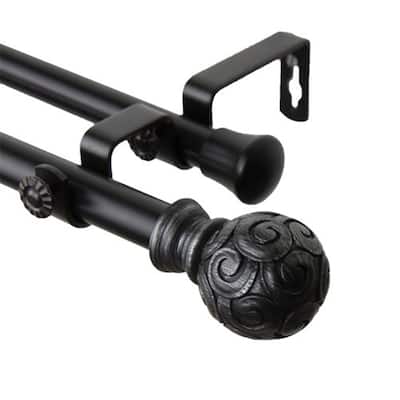 Double Curtain Rod Set - Decorative Window Rod with Finials, Adjustable Length, Black Home Decor - 48