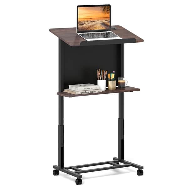 slide 2 of 10, Gymax Rolling Podium Stand 40.5''-49'' Height Adjustable Lectern Table Walnut + Black