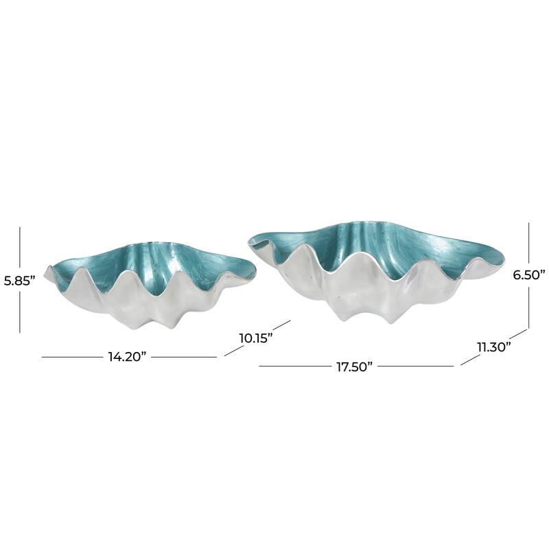 Aluminum Metal Shell Enameled Decorative Bowl with Silver Metal Exterior - Set of 2 Teal or White - Roche River Decor