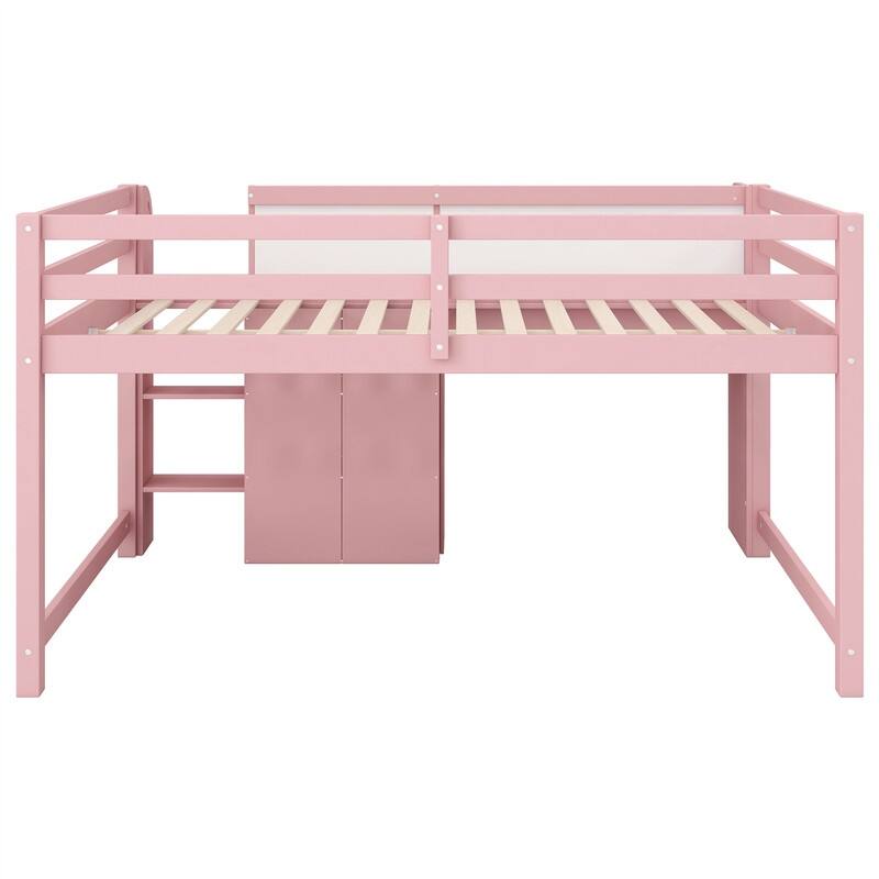 Full Size Low Loft Bed with Bulit-in Desk, Open Bookcase and Storage Cabinets, Wooden Kids Loft Bedframe w/ Graffiti Whiteboard