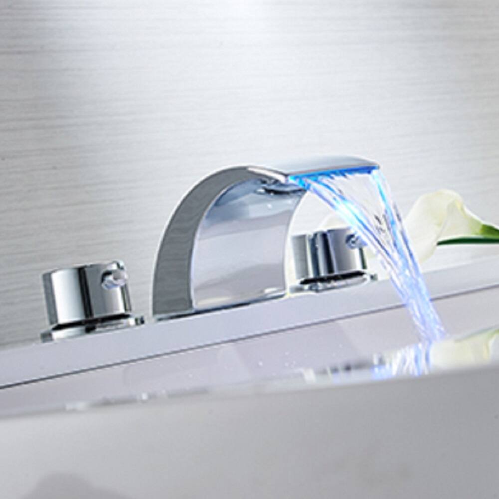 8 in. Waterfall Widespread 2-Handle Bathroom Faucet With Led Light in Chrome