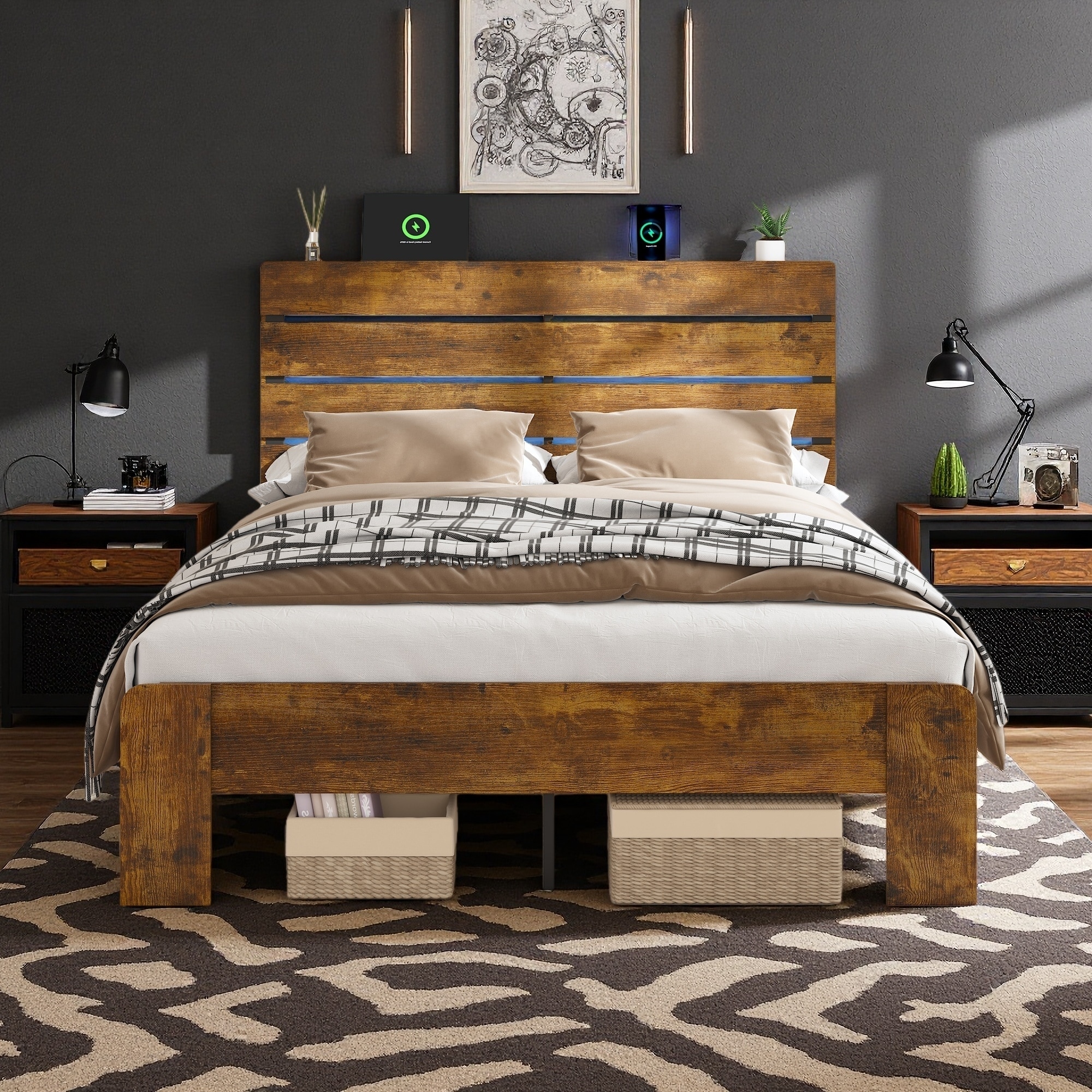 Full Size Metal & Wood Bed Frame with Headboard and Footboard, LED Lights, Charging Station & Underbed Storage 1200 lbs Capacity