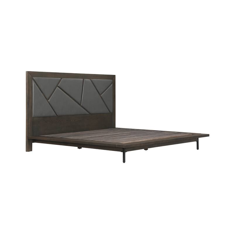 Platform Bed Frame Oak Wood Faux Leather Headboard Modern Bed