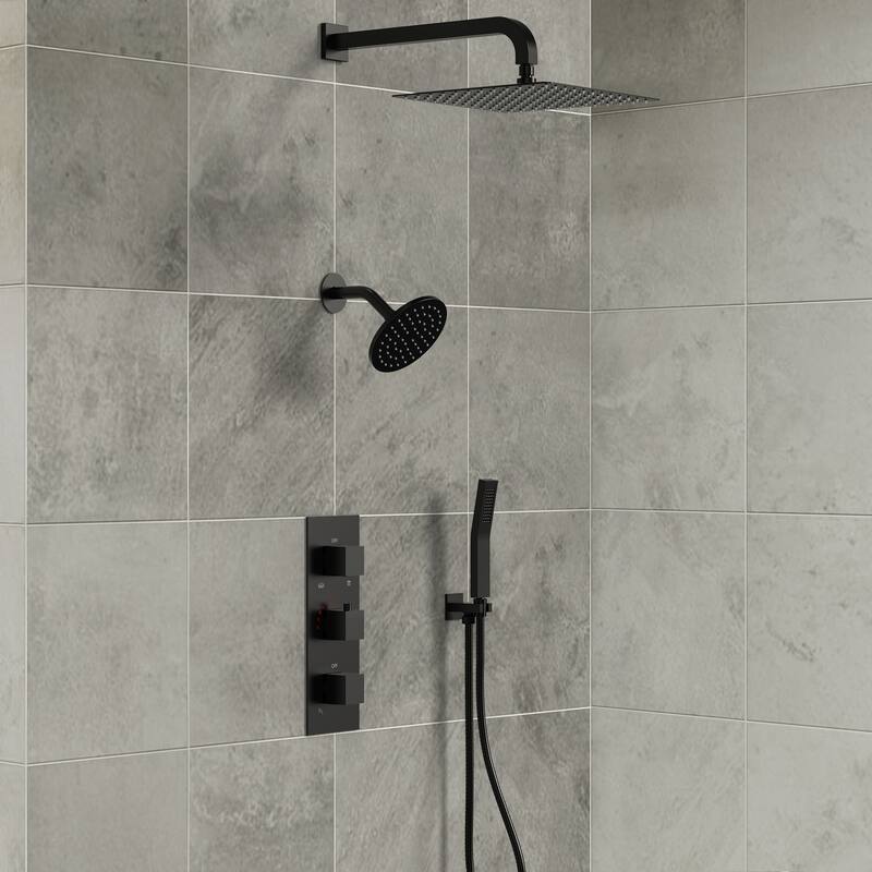 Thermostatic Shower System 12" Dual Heads Shower Faucet with High Pressure Handheld Spray - Matte Black