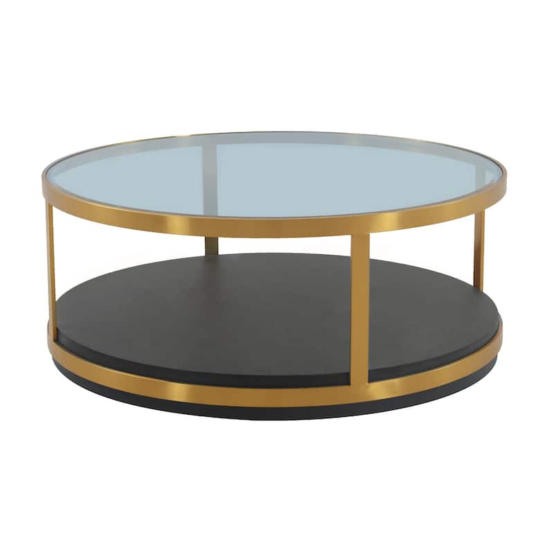 HomeRoots 43" Clear And Black Solid Wood Round Coffee Table With Shelf