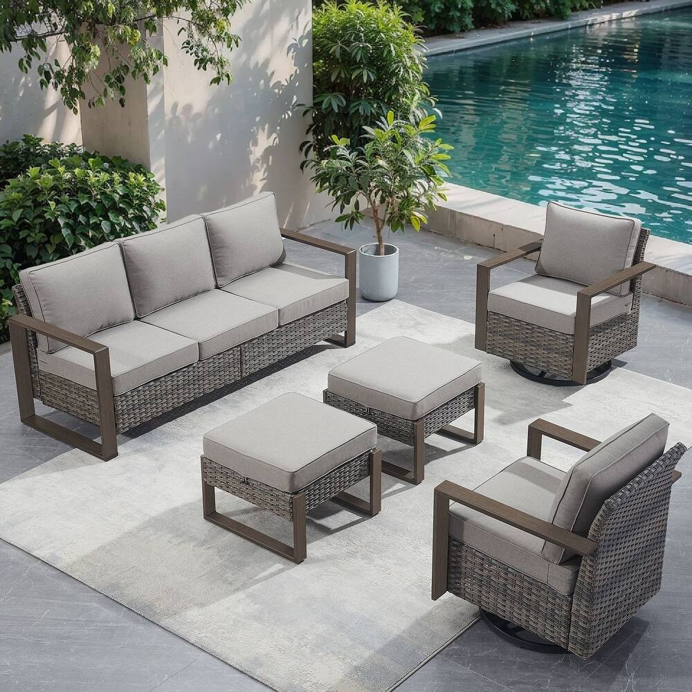 Pocassy 5 Pieces Outdoor Patio Sofa Swivel Chair Ottoman Set