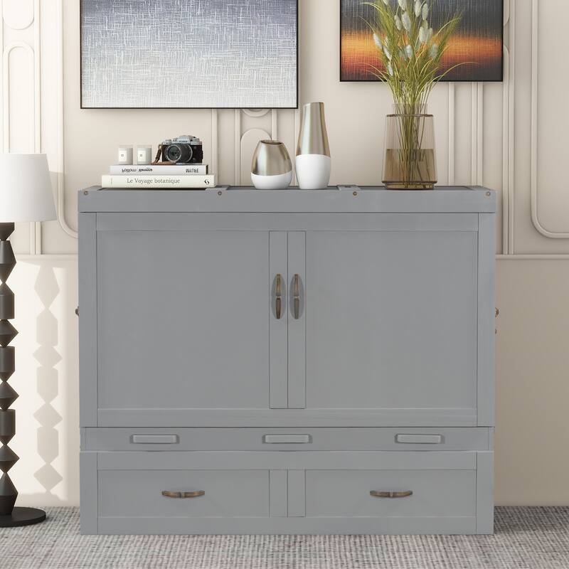 Space-Saving Design Murphy Bed with USB Ports, Large Drawers and Metal Handles - Gray - Full