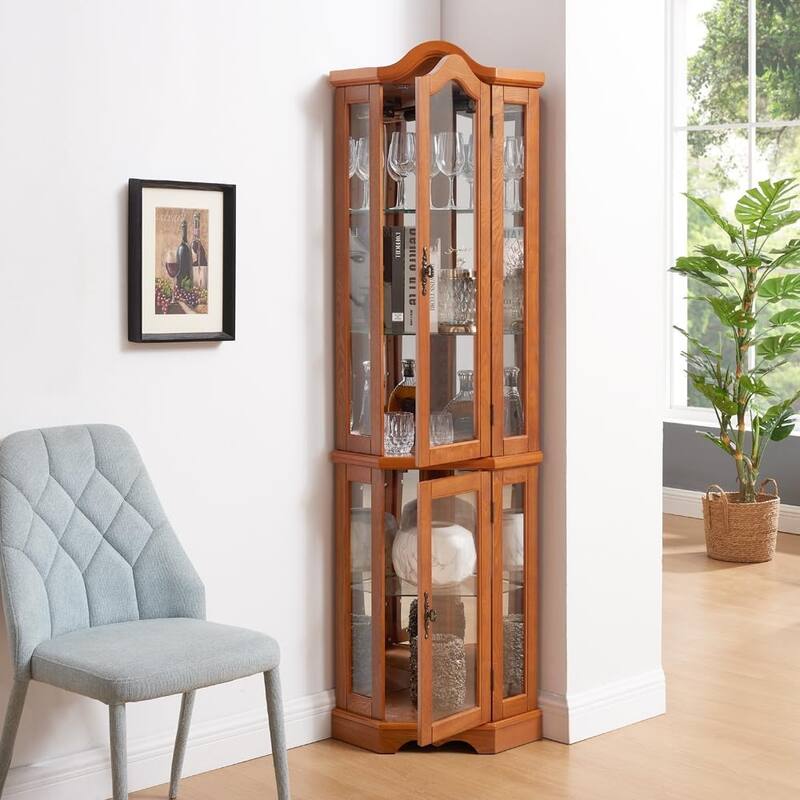 Roomfitters Lighted Glass Display Curio Cabinet with Tempered Glass Doors and Shelves, Crown Corner Cabinet with Bulb, Corner
